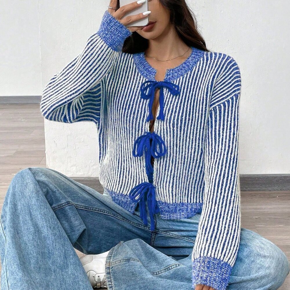 Royal Blue Casual Women's Striped Bow Tie-Up Raglan Knit Sweater Cardigan